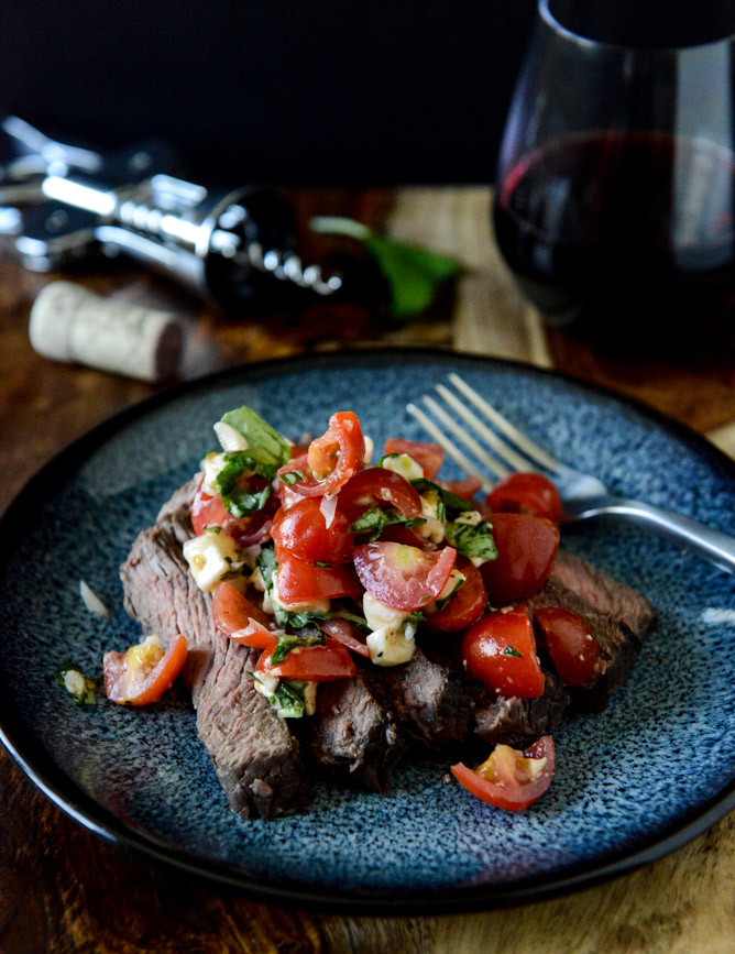 Red Wine Marinated Flank Steak with Cherry Tomato Caprese Salsa