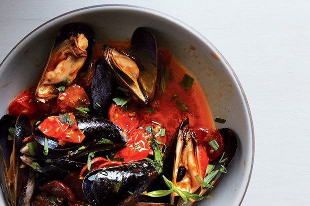 Steamed Mussels with Tomato and Chorizo Broth