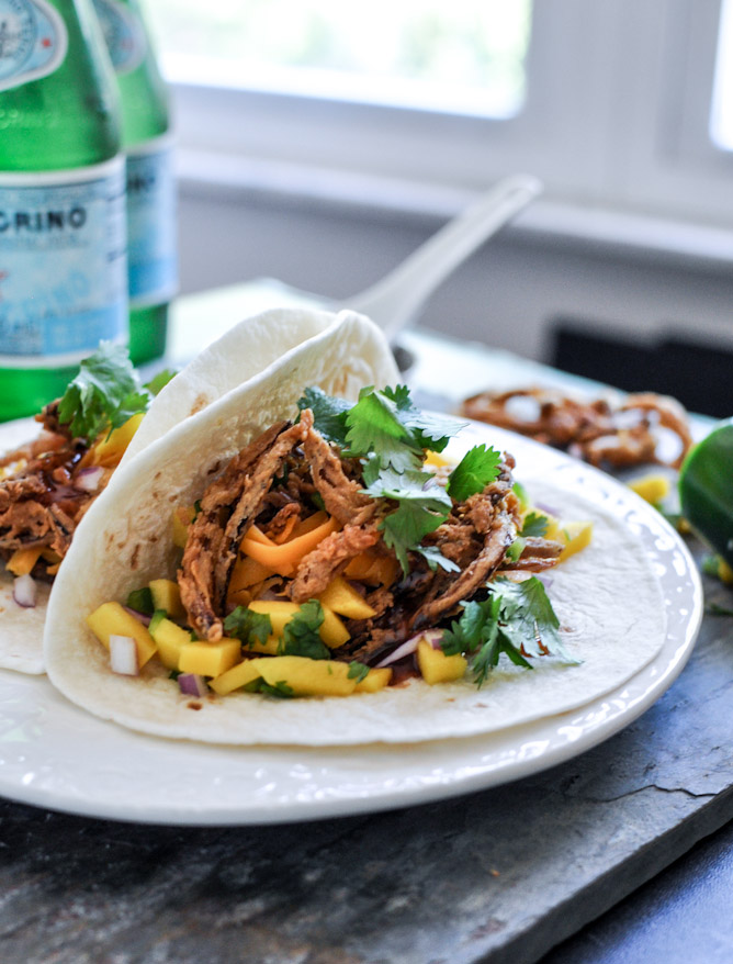 Crockpot BBQ Beer Pulled Pork Tacos with Crispy Onion Straws and Mango Salsa 3